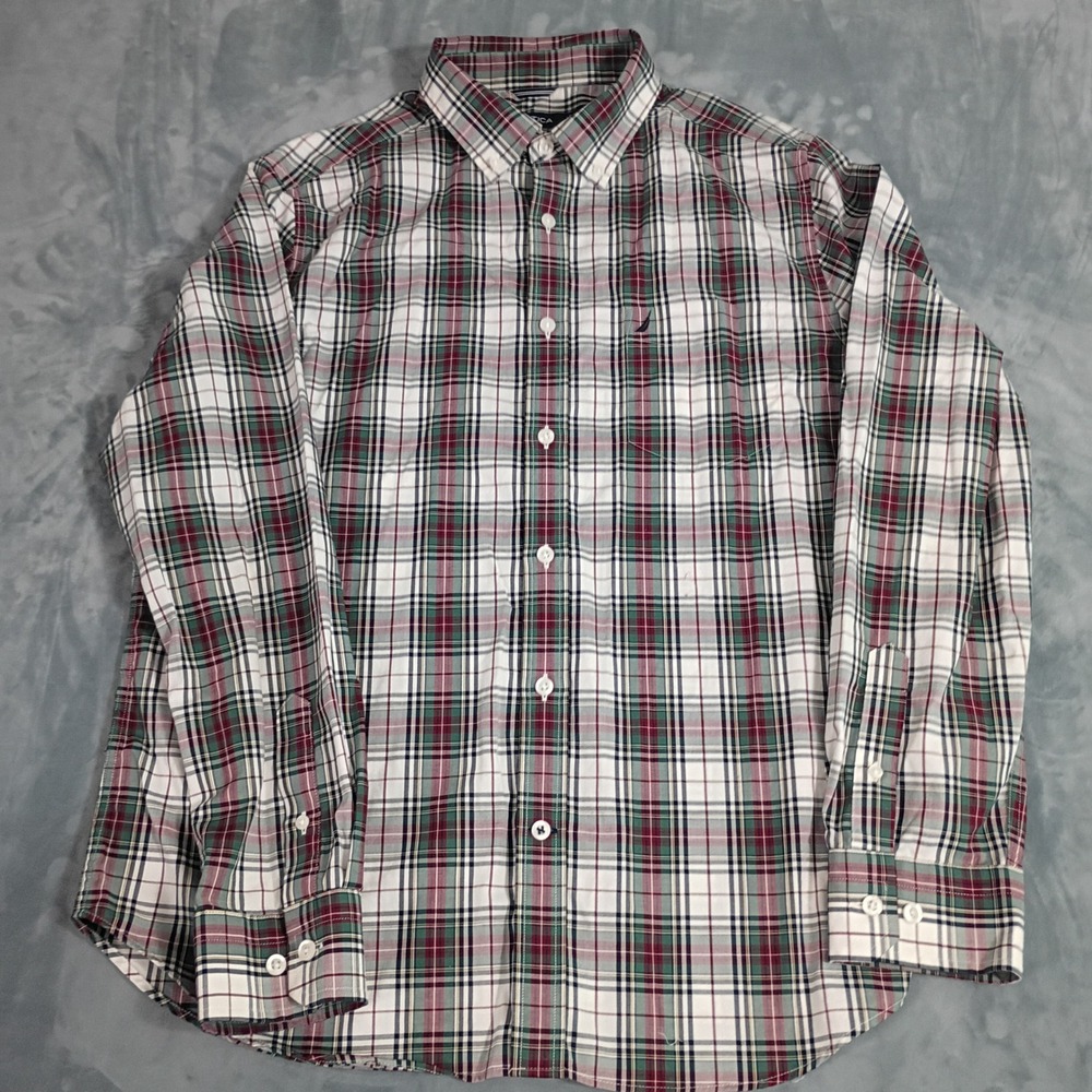 Nautica Mens Large Plaid Button Down Shirt Green Red White Long Sleeve Pocket